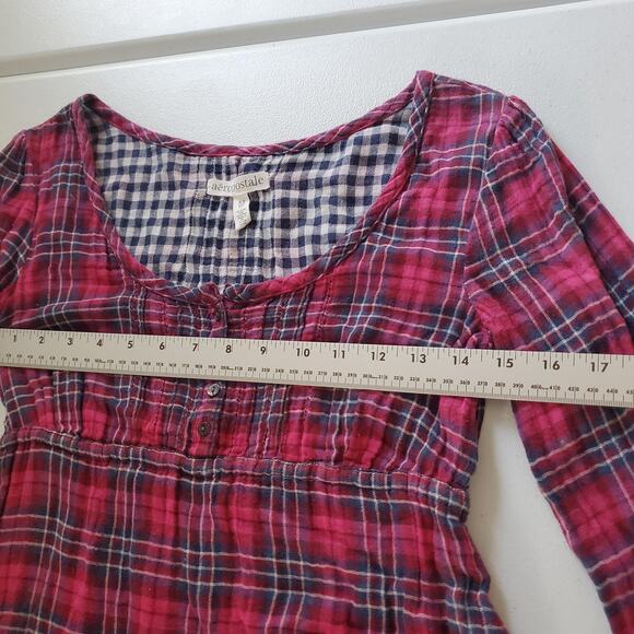 Y2K Aeropostale Shirt Babydoll Womens XS Red Plaid Henley Tunic Long Sleeve - Picture 6 of 8